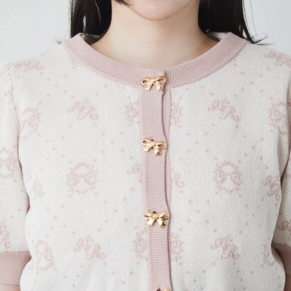 Ank Rouge Pink and White Contrast Monogram Puff Short Sleeved Knit Cardigan - Picture 5 of 6